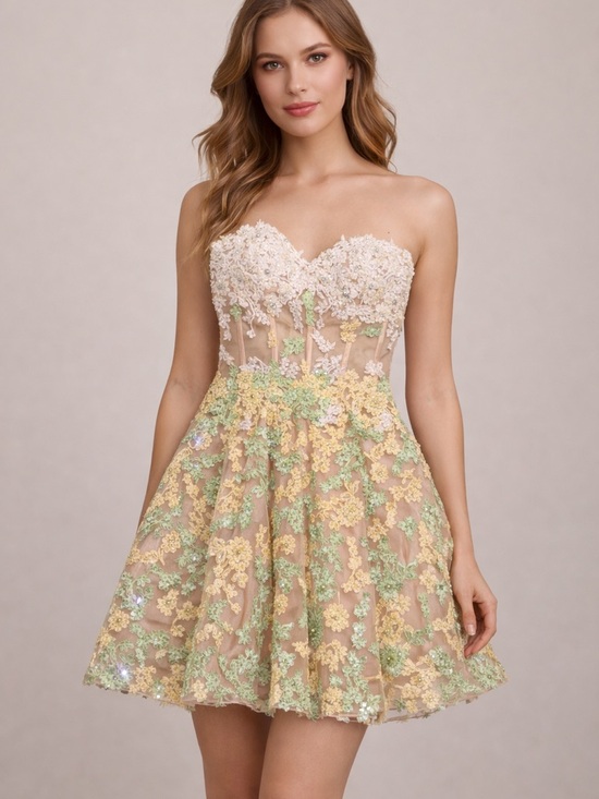 Sherri Hill Dresses & Skirts - Sherri Hill Strapless Floral Appliqué Cocktail Dress in Blush, Yellow & Mint